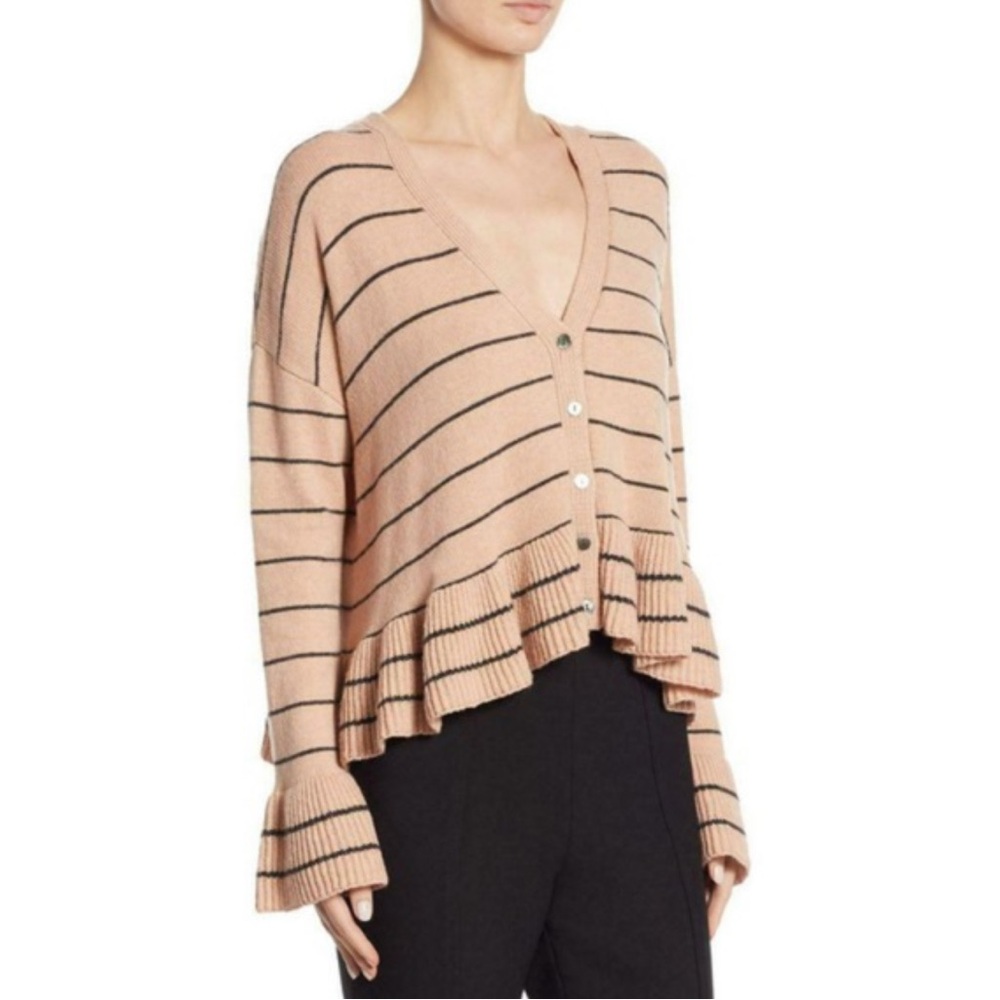 Cinq à Sept Noa Tan and Black Ruffle Hem Cardigan, Size XS, Wool and Nylon Blend